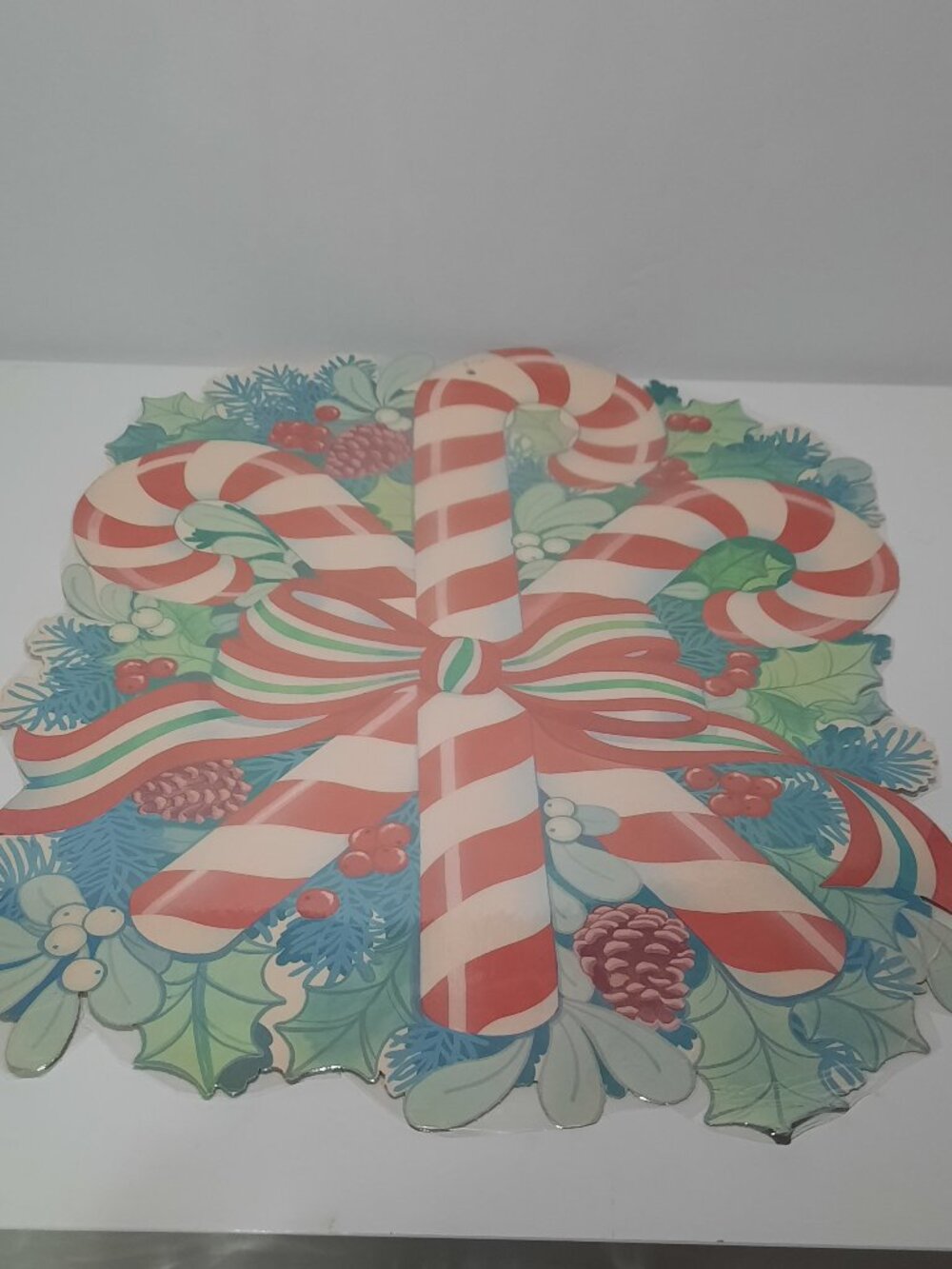 Vintage Christmas Candy Cane Wreath Die Cut Laminated Holiday Decor 22x17